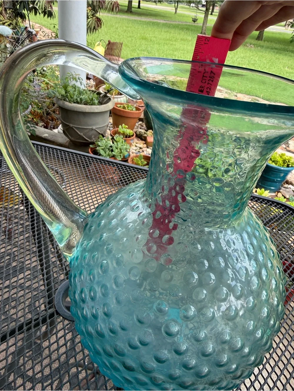 Large Hobnail Blue Turquoise Glass Pitcher 11.5 Inches 1937